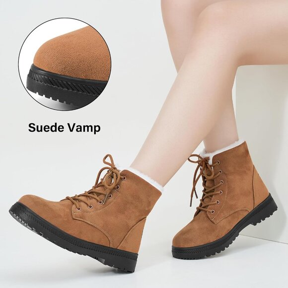 Alicegana Women's Winter Boots Snow Warm Fur Lined Lace Up Brown Non Slip Boots - Picture 4 of 6